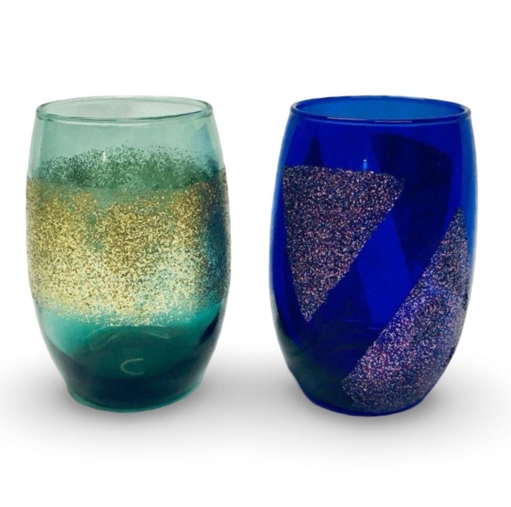 Set of 2 Colored Glass Glitter Water Tumblers